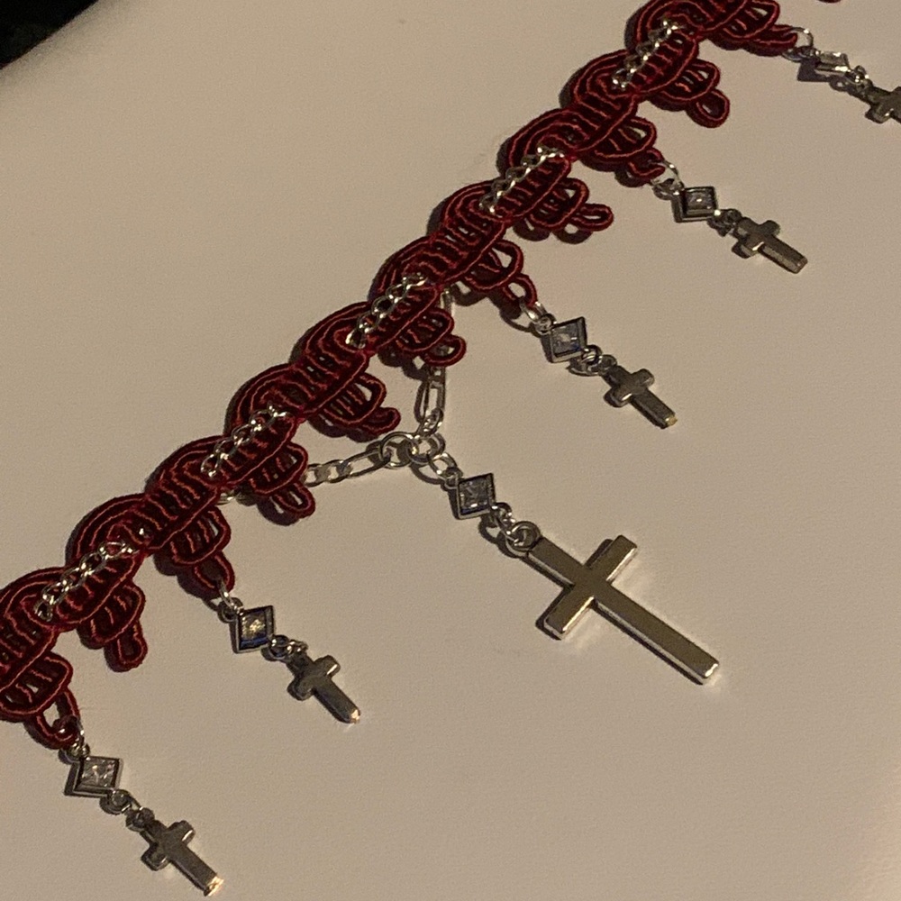 O.O.A.K. Red Ribbon Silver Rhinestone Cross Choker - Picture 4 of 13